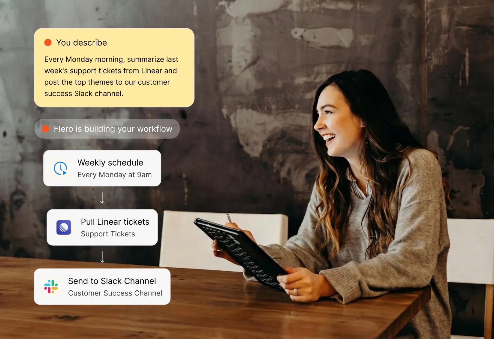 A person describing a process in plain words while Flero builds it into a working flow
