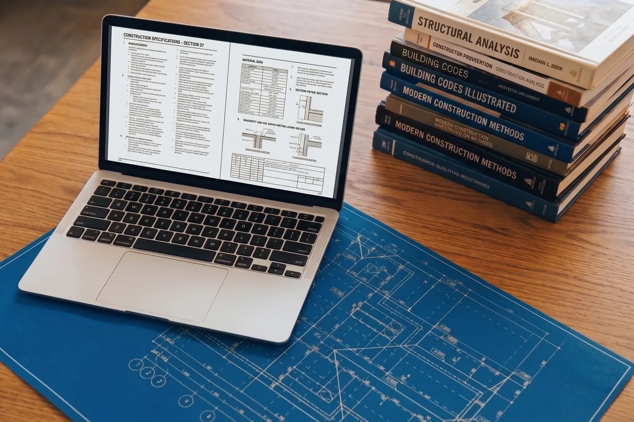 A laptop showing construction specifications beside a stack of building-code books