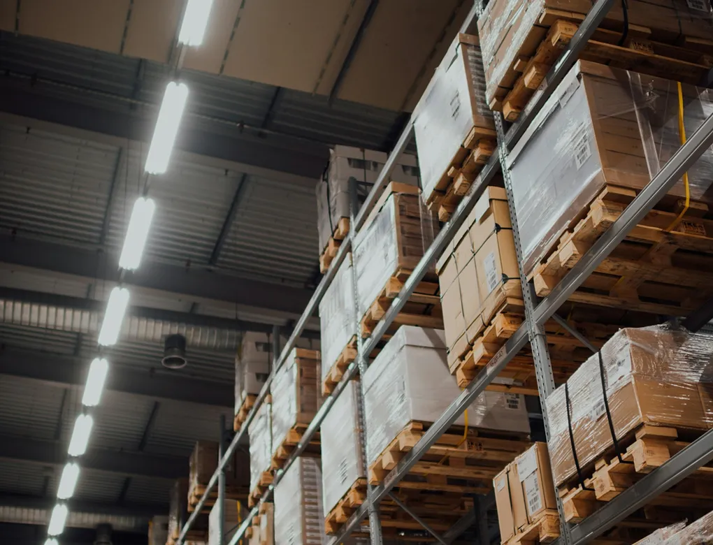 Stock boxes on pallet shelves in a fulfilment warehouse